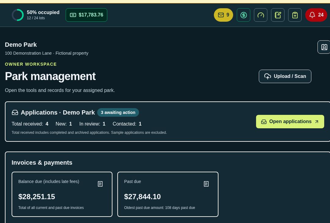 Actual Demo Park dashboard showing occupancy, applications, balances and urgent task indicators